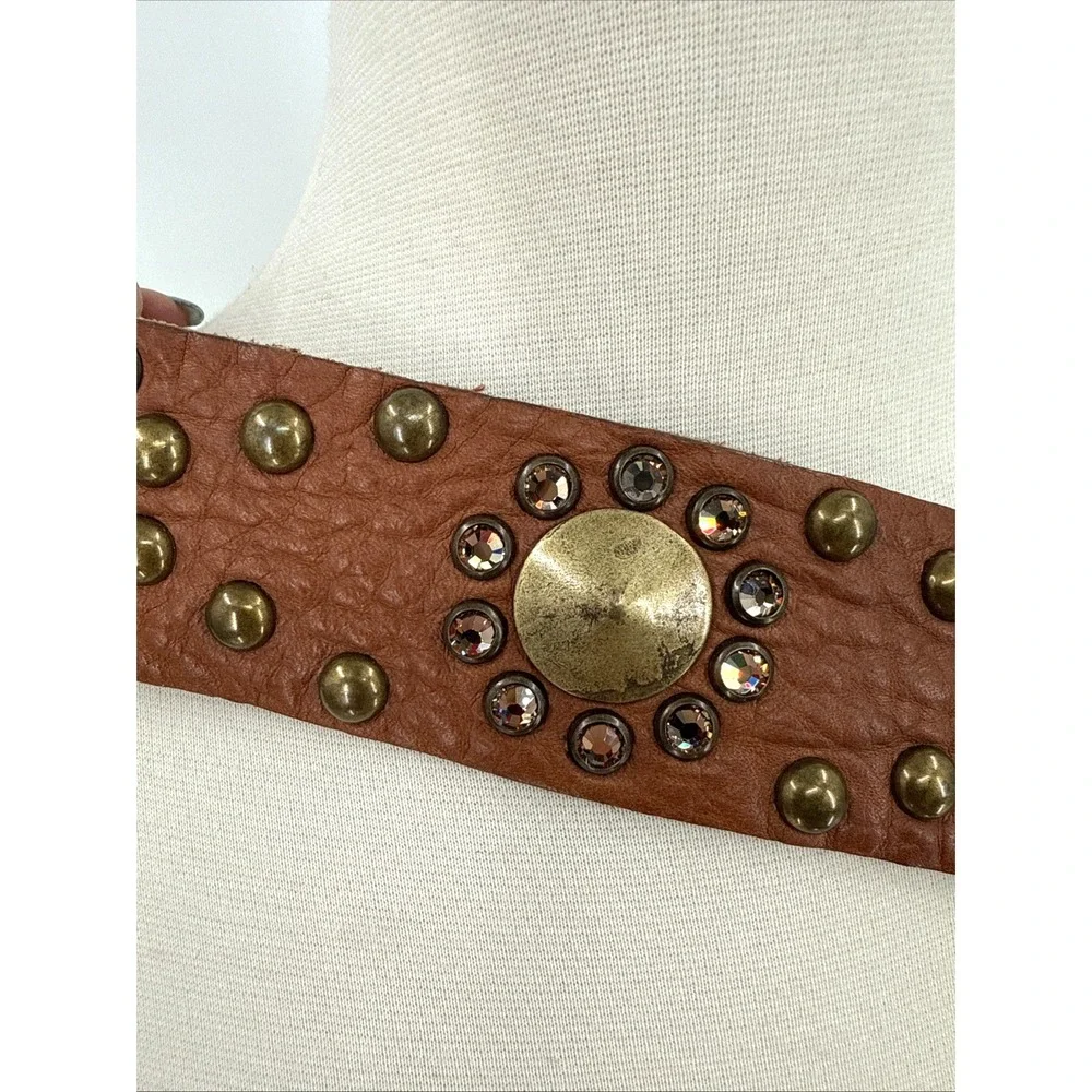 LeatheRock Womens Brown Leather Studded Rhinestone Belt Size M34 Boho Cowgirl